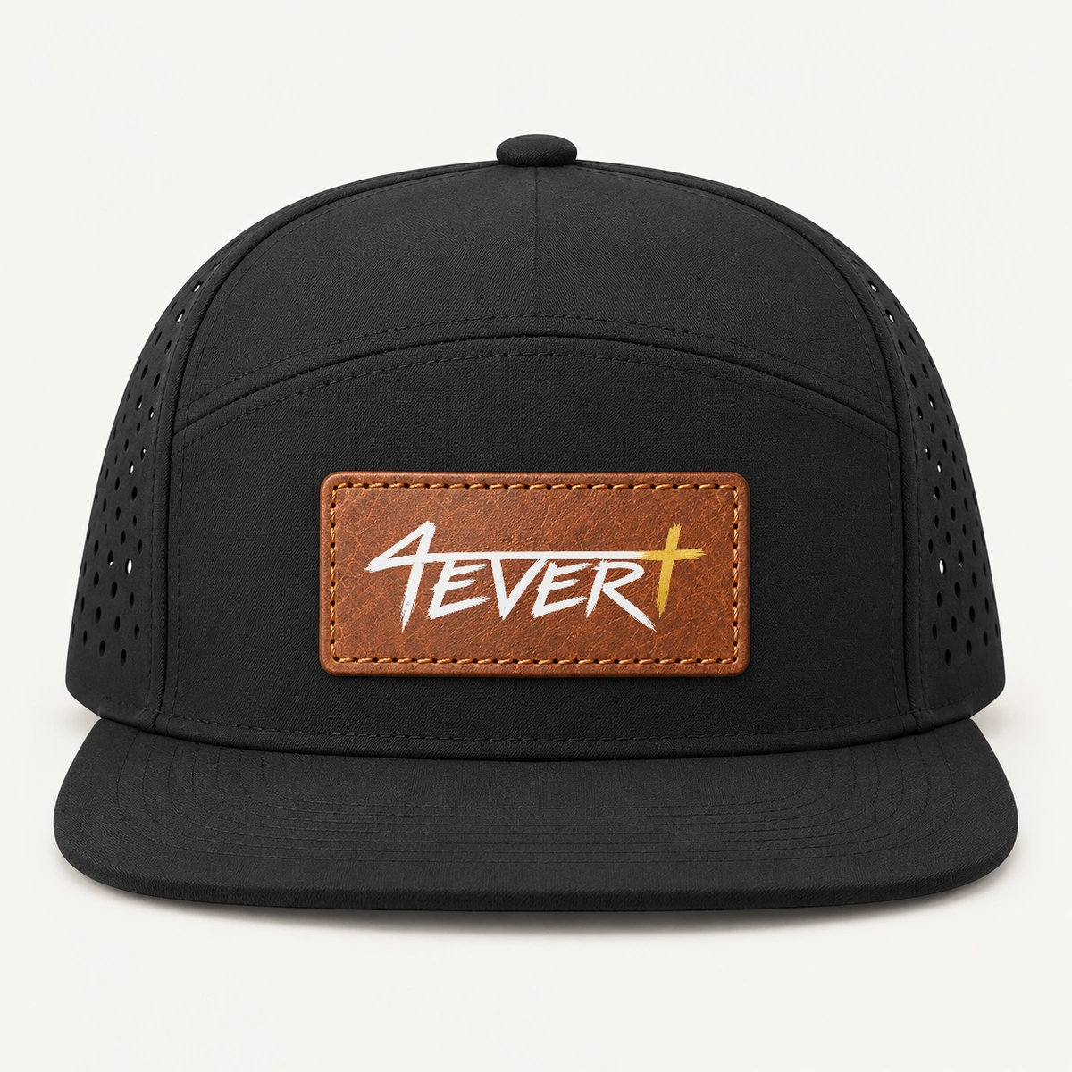 Black Flat-bill snapback with a centered brown patch, original white Forever wordmark and gold Christian cross; digital design mockup