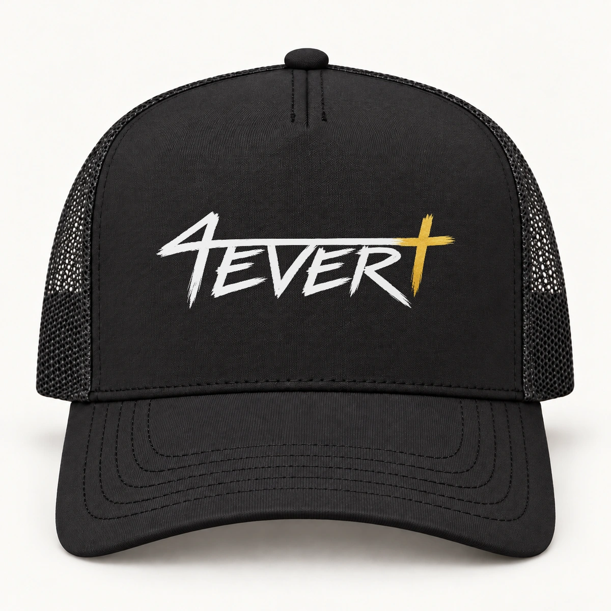 Black — Curved-bill trucker snapback with the original white Forever wordmark and gold Christian cross; studio design preview