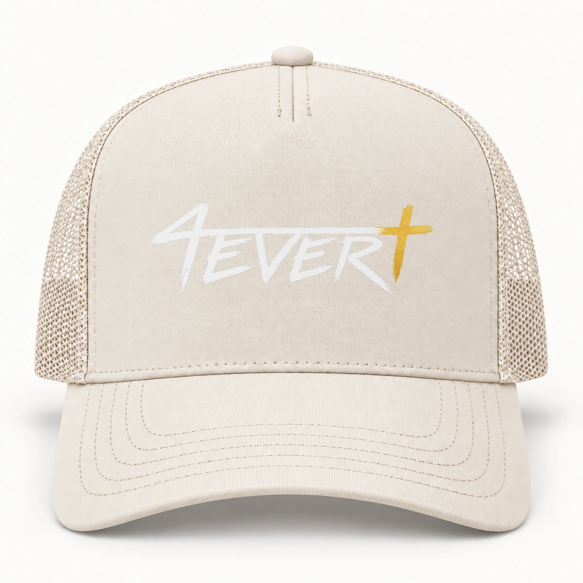 Off-white/Cream — Curved-bill trucker snapback with the original white Forever wordmark and gold Christian cross; studio design preview