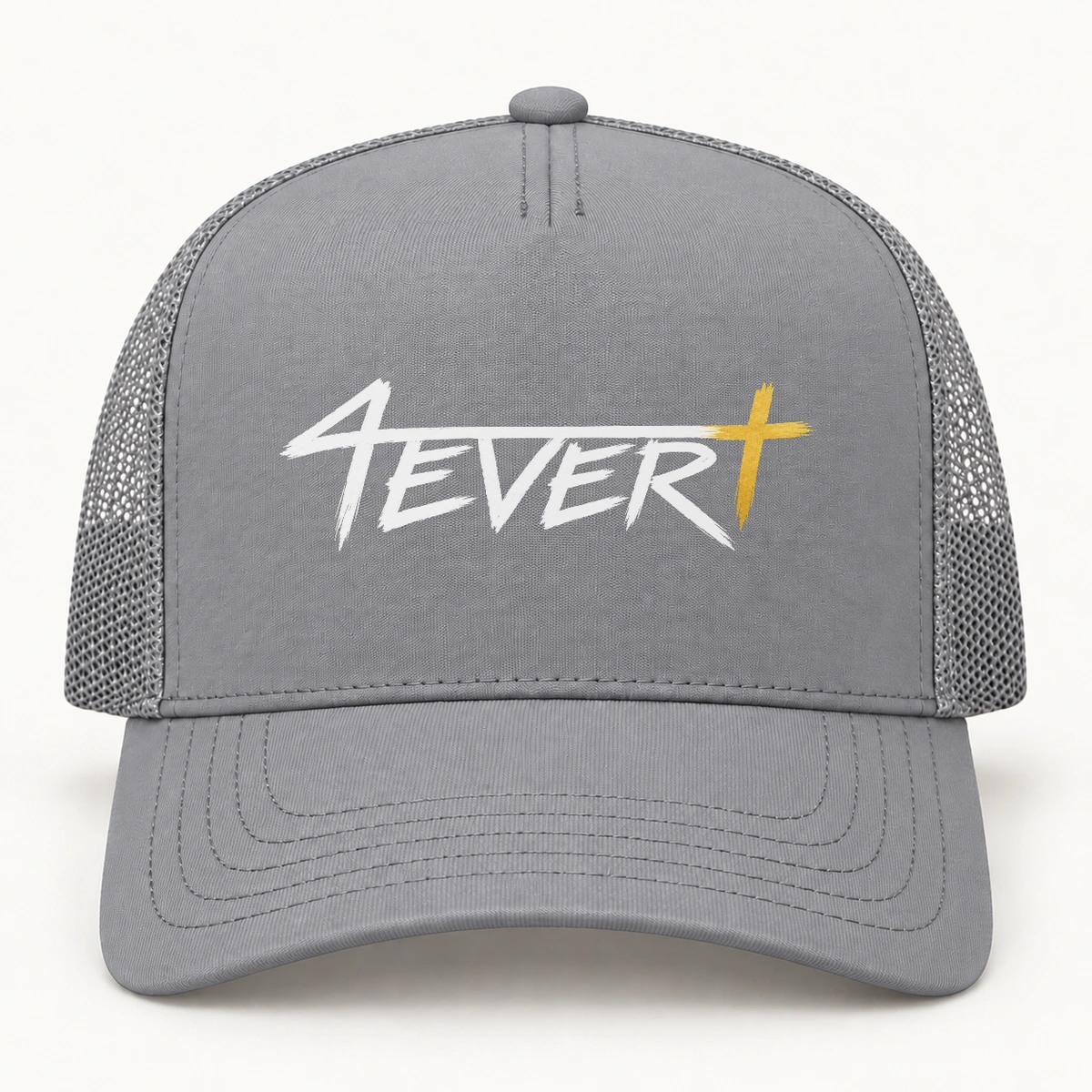 Grey — Curved-bill trucker snapback with the original white Forever wordmark and gold Christian cross; studio design preview
