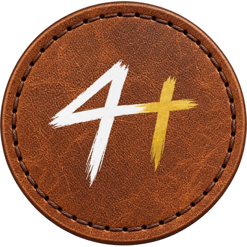 Round brown leather patch with the compact white Forever 4 and gold cross