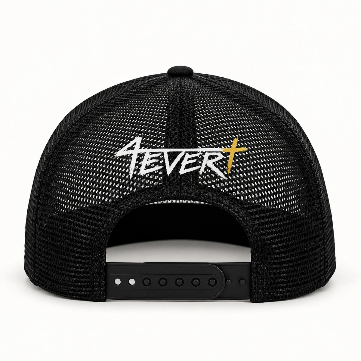 Rear placement concept showing the white Forever wordmark and gold cross on the back of a hat