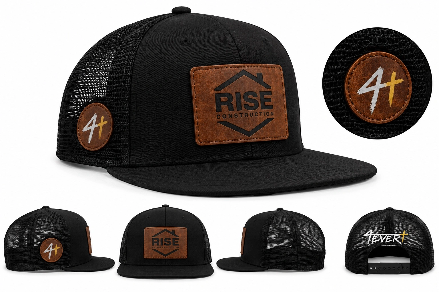 Collaboration concept hat with a partner company logo on the front and Forever on the side