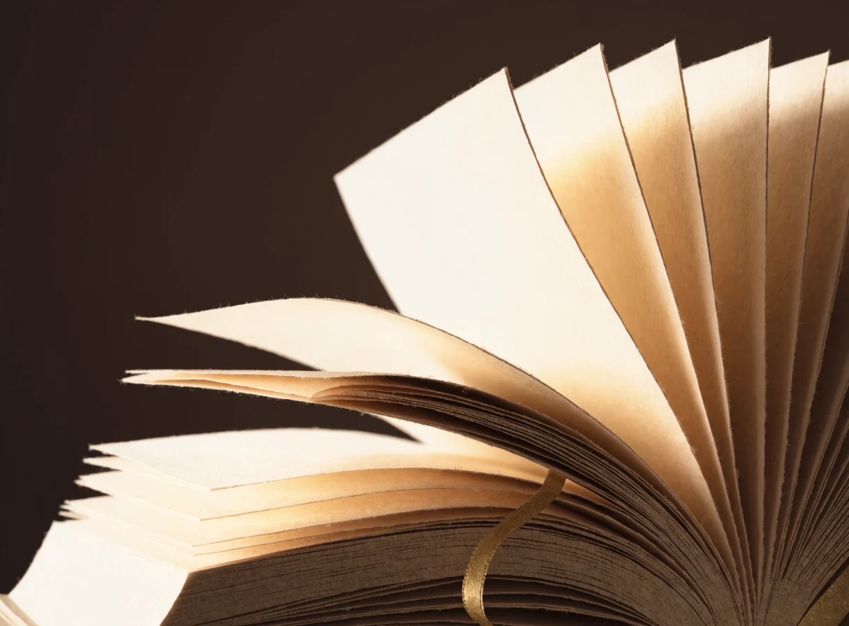 Symbolic illustration of an open Bible with warm paper pages and a gold ribbon