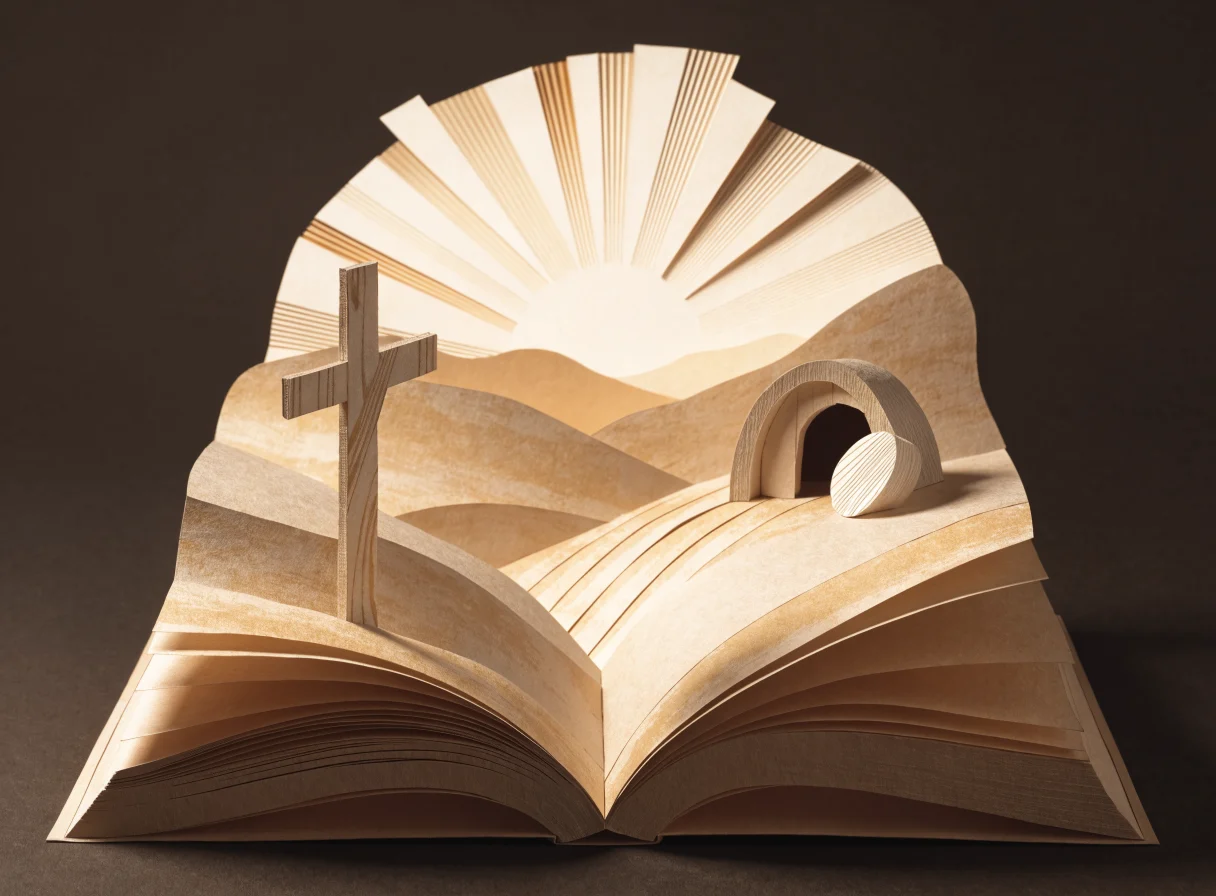 Symbolic paper-book illustration of a Christian cross and an empty tomb with the stone rolled aside